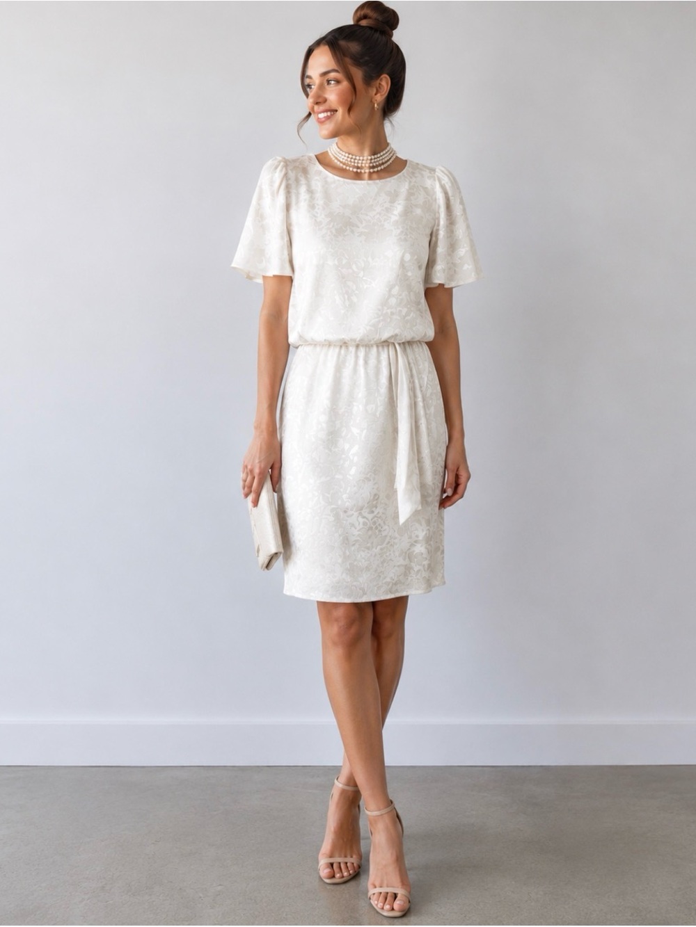 Vtg 80s Bruce Wayne USA Off White Print Ruched Dynasty Day Dress Party Wedding S